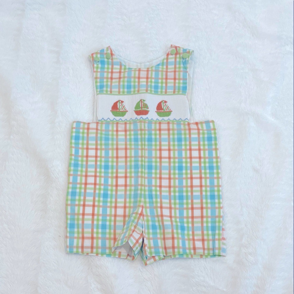 EUC sailboat smocked Jon-Jon shortall by Castles & Crowns—size 18-24m
